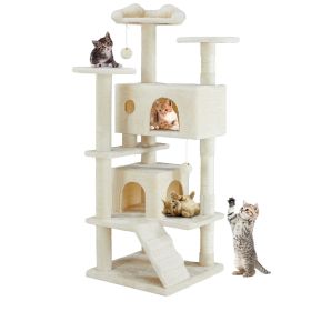 Multi-functional cat tree house cat climbing frame, lounge and recreation area detachable toy, 54in (Color: Beige)