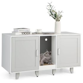 2-Door Cat Litter Box Enclosure with Winding Entry and Scratching Board (Color: Gray)