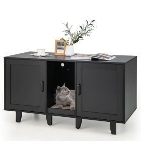 2-Door Cat Litter Box Enclosure with Winding Entry and Scratching Board (Color: Black)