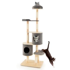 6-Tier Wooden Cat Tree with 2 Removeable Condos Platforms and Perch (Color: Gray)