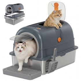 Double-entry convertible lid cat litter box (Color: Grey)
